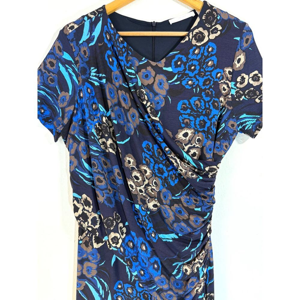 BOSS Hugo Boss Blue Multicolor Floral Midi Wrap Dress V-Neck Short Sleeve Sz M - Picture 5 of 11